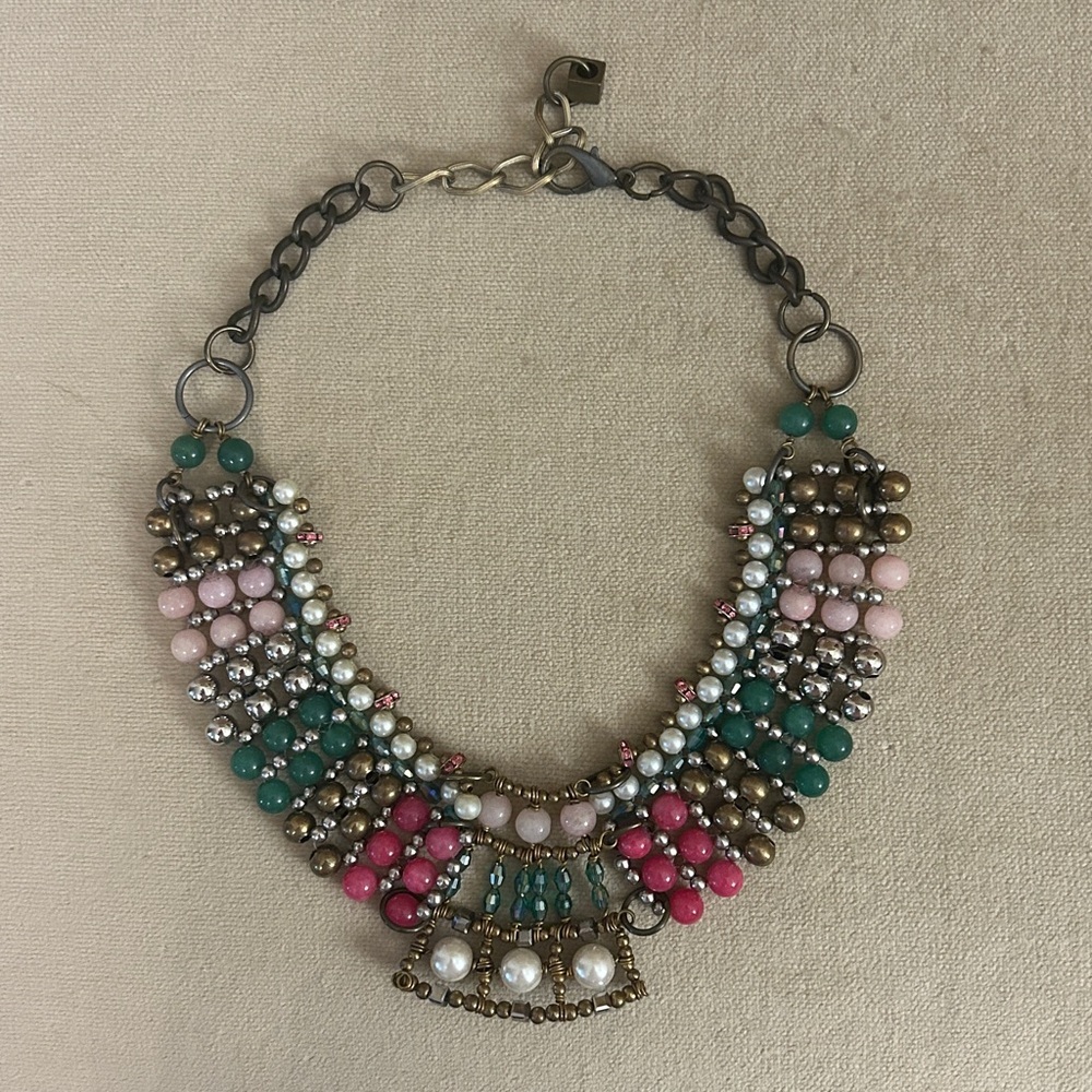Elegant Statement Pink, Green & Pearl Beaded Necklace